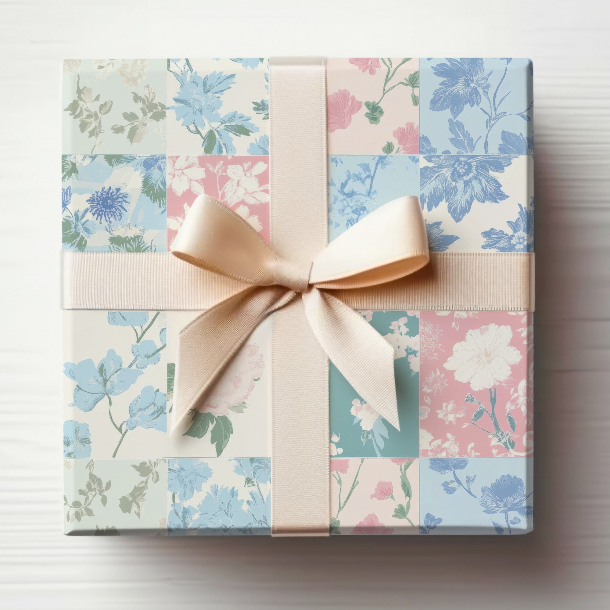 Elegant Floral Patchwork Gift Box with Cream Ribbon