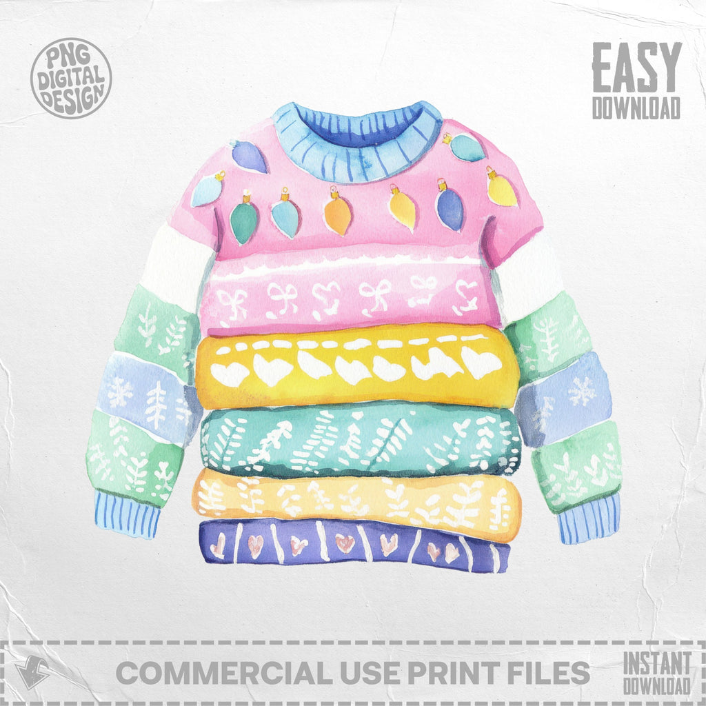 Watercolor illustration of a stack of colorful Christmas sweaters.