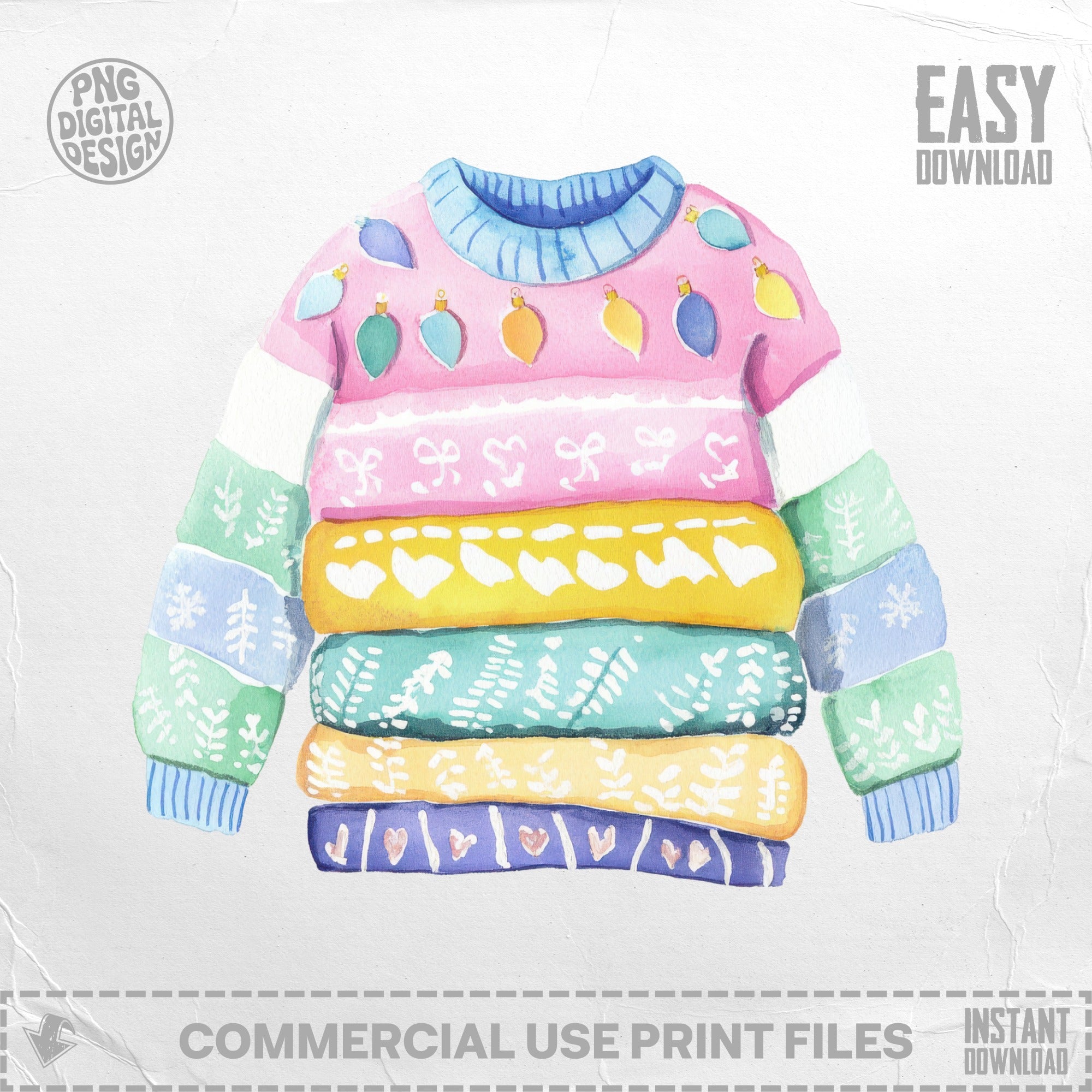 Watercolor illustration of a stack of colorful Christmas sweaters.