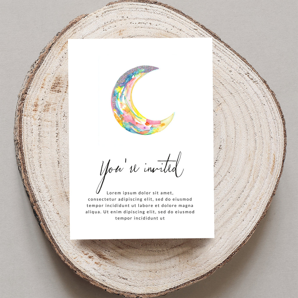 Watercolor crescent moon and "You're invited" text on card.