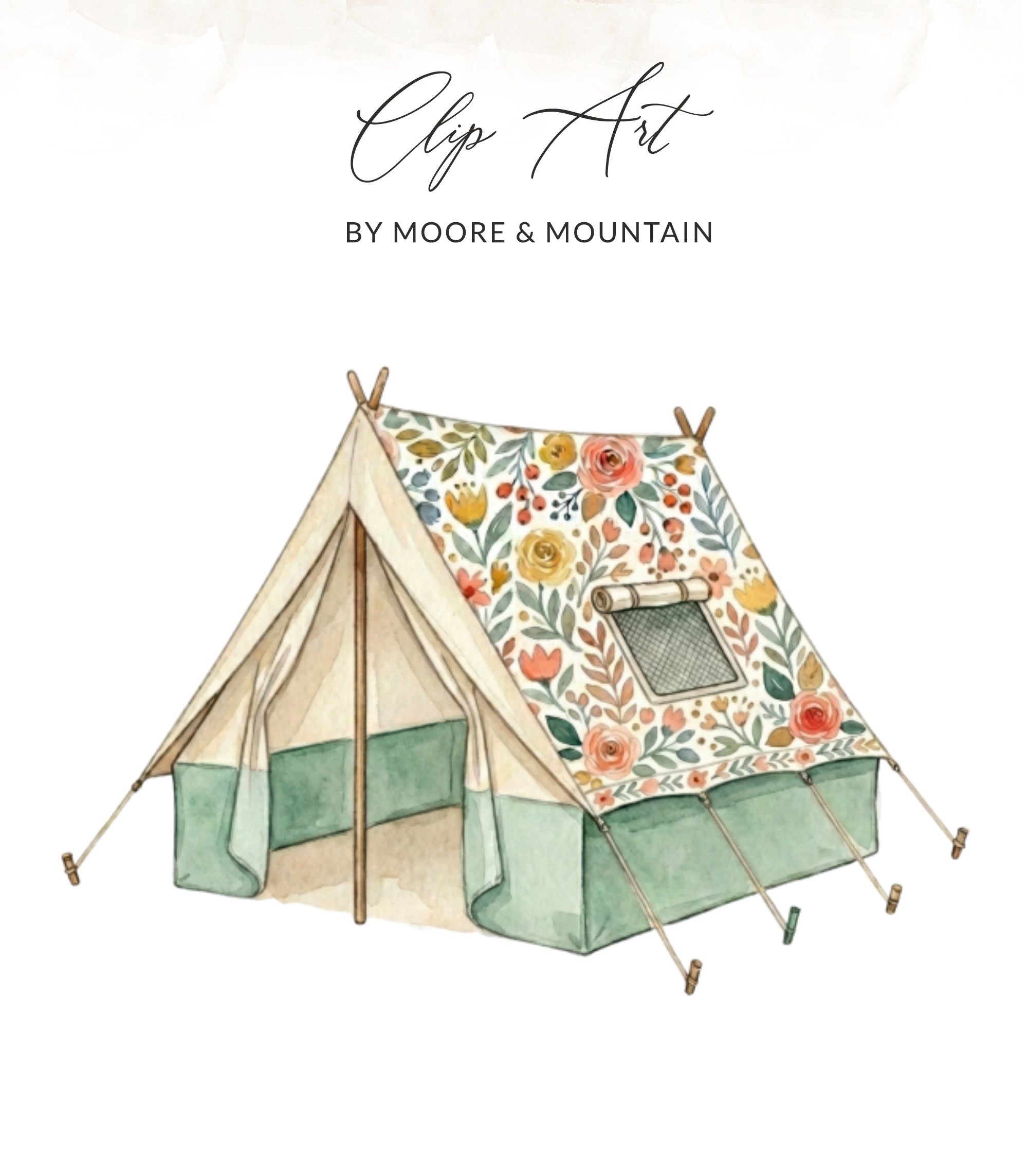 Tent with floral pattern, "Clip Art" and "BY MOORE & MOUNTAIN" text.
