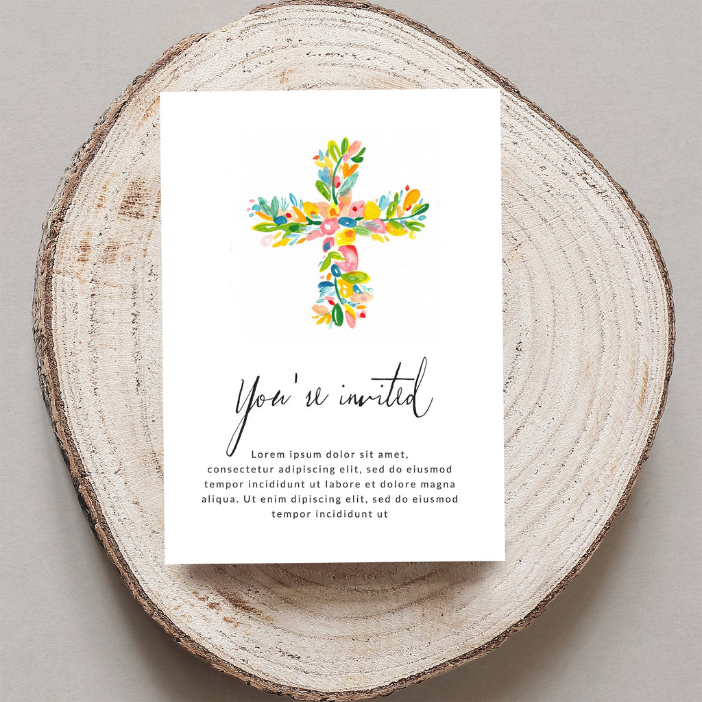Floral cross invitation with "You're invited" text and placeholder copy.