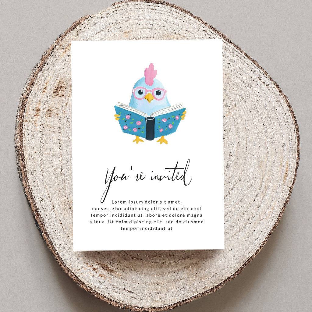 Cute chicken wearing glasses reads a book on a card that says "You're invited."