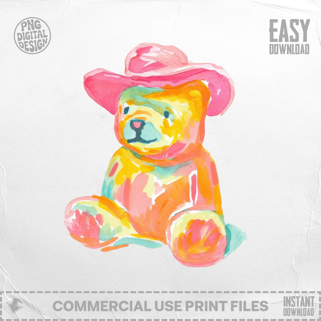 Watercolor teddy bear in a pink cowboy hat.