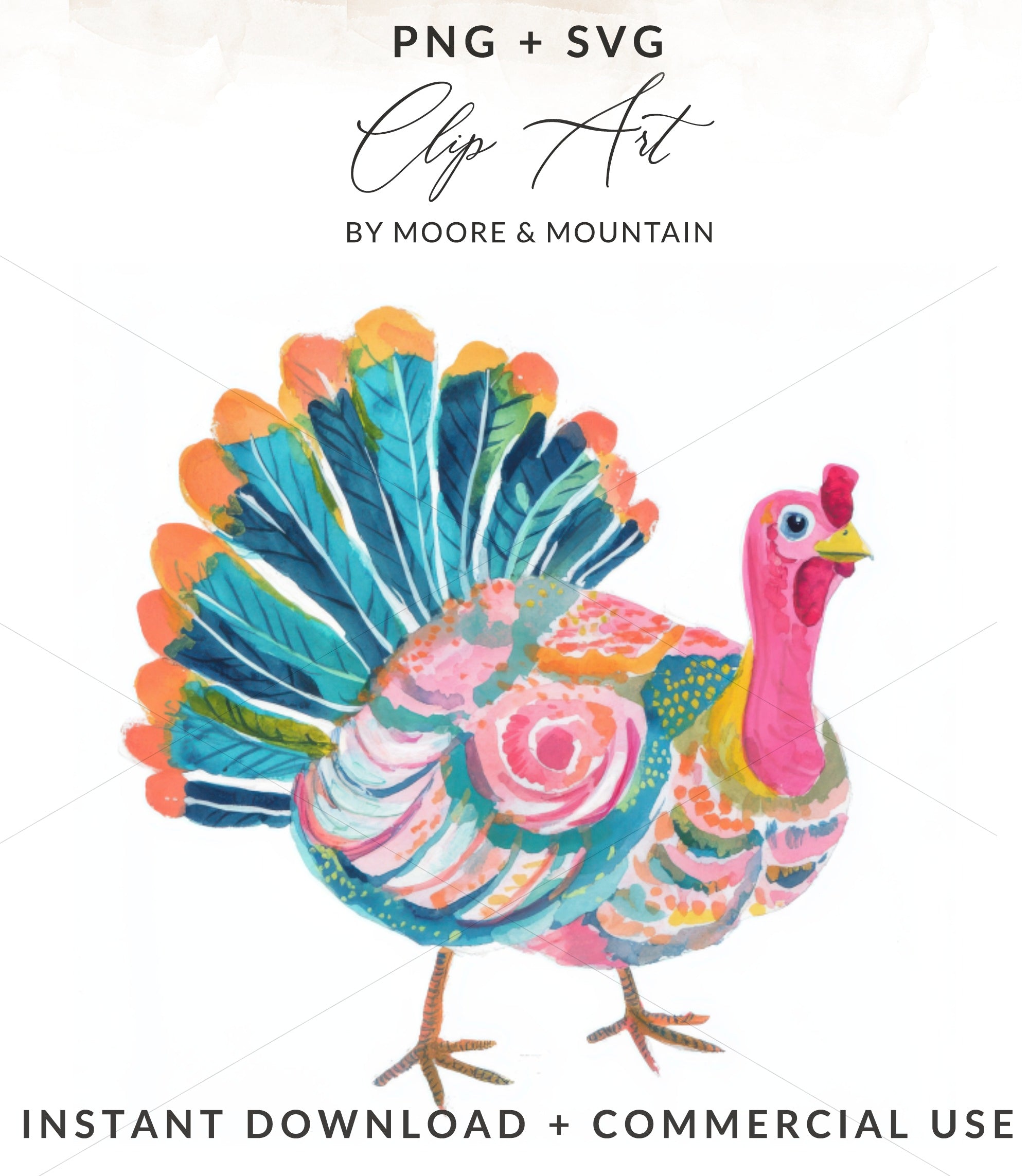 Watercolor illustration of a colorful turkey with "Clip Art" and "Instant Download" text.