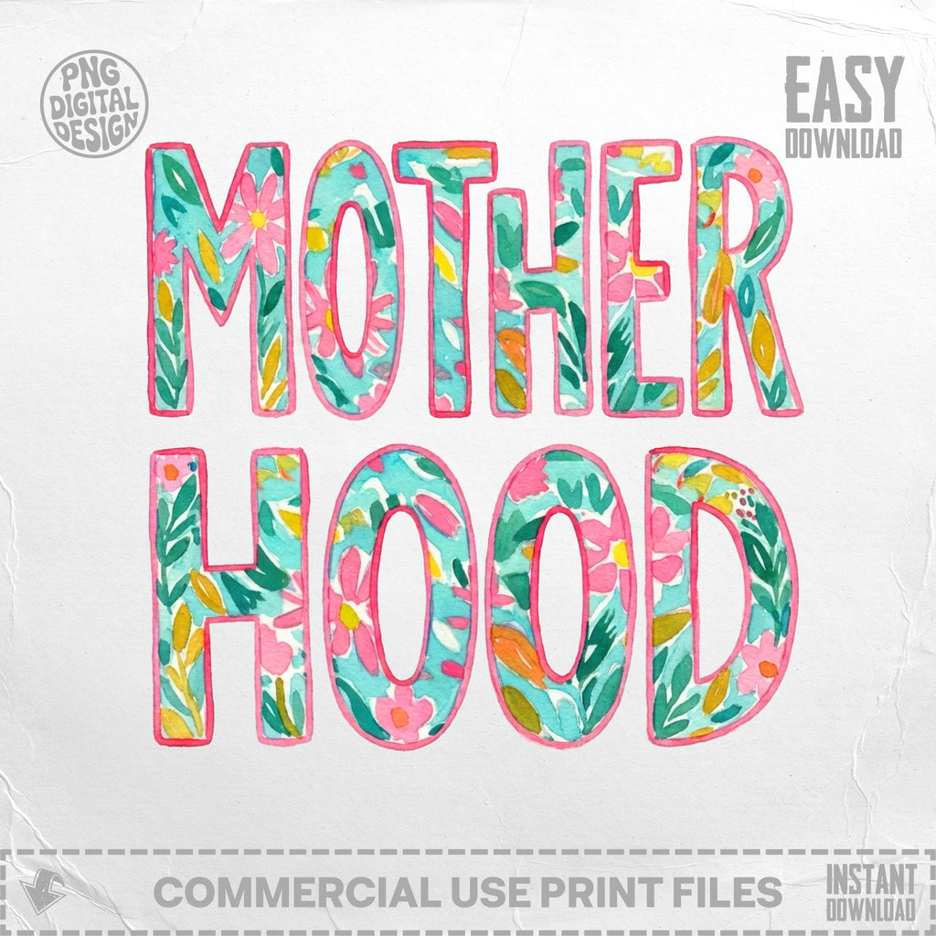 Motherhood text with floral watercolor design on a light background.