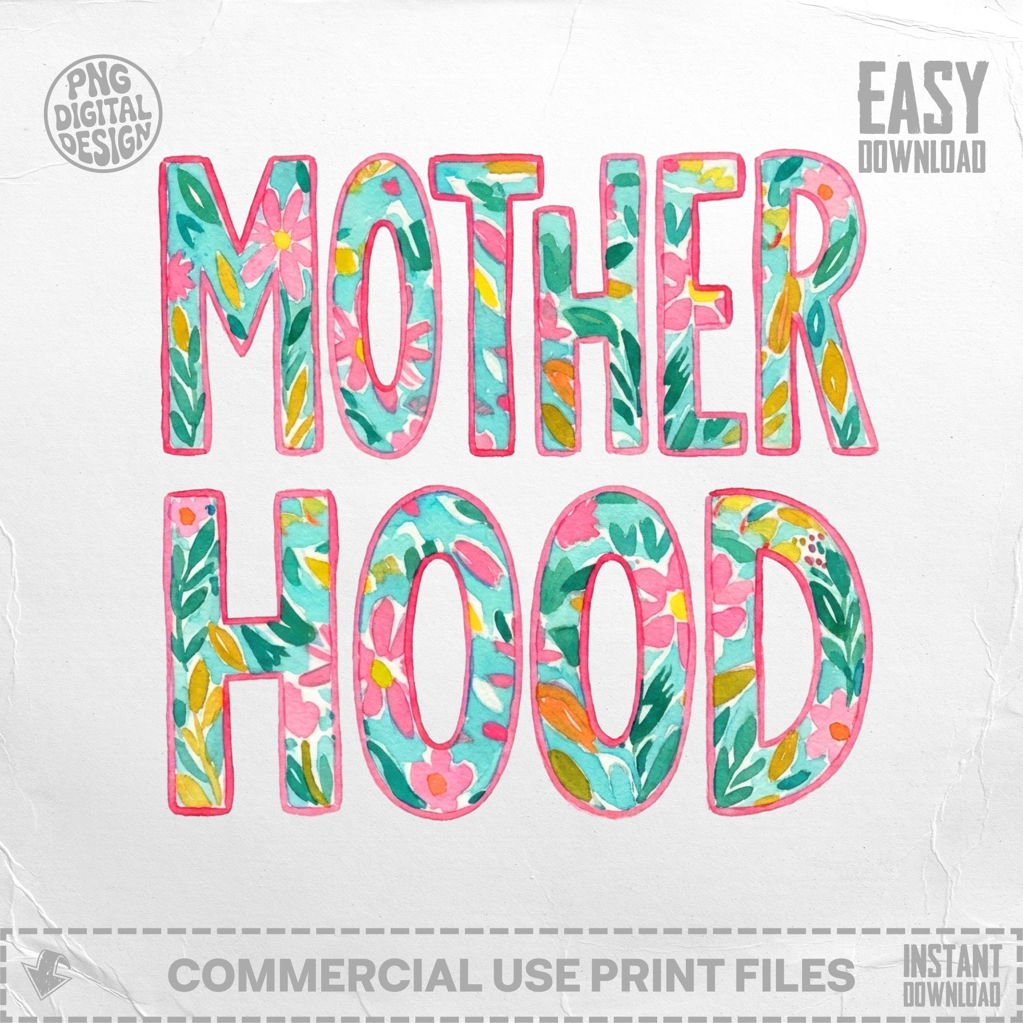 Motherhood text with floral watercolor design on a light background.