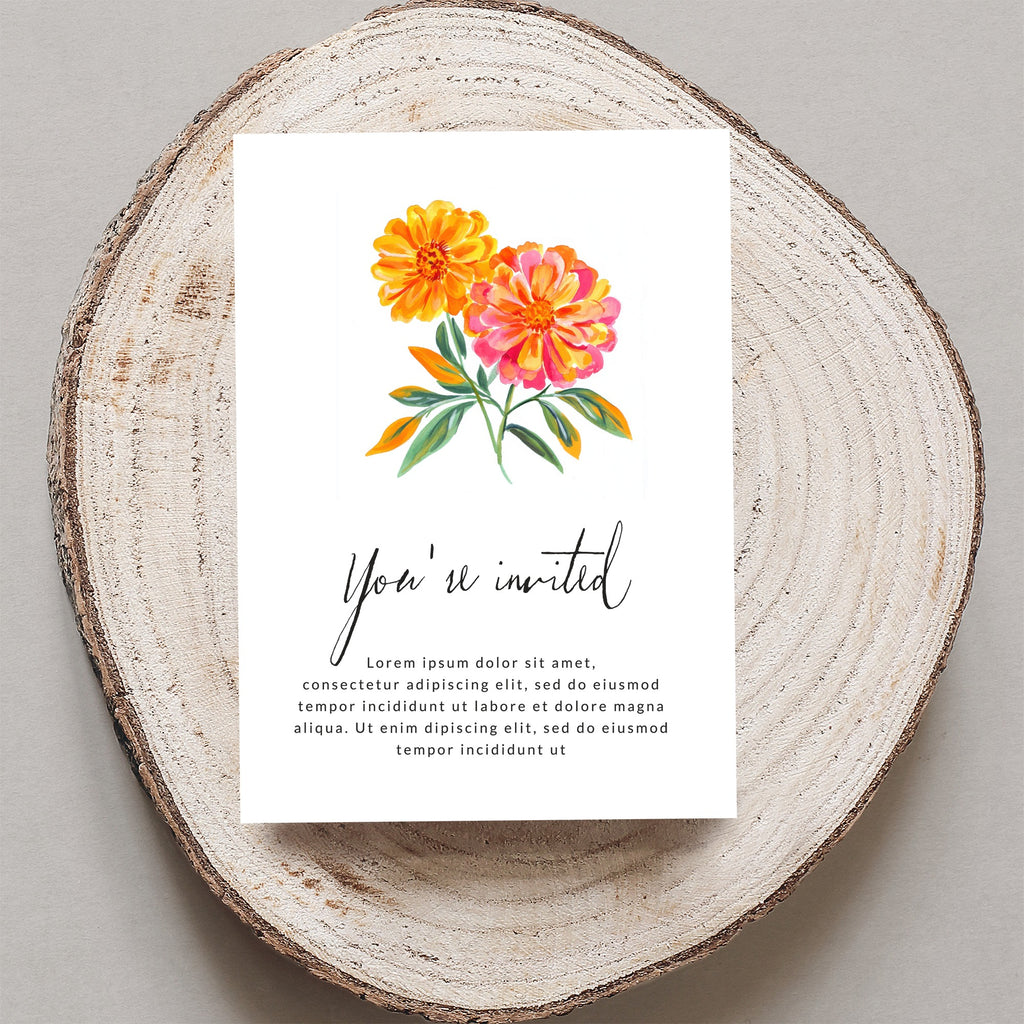 Invitation with watercolor marigolds and "You're invited" text.