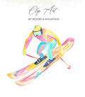 Watercolor illustration of a colorful skier mid-action, with "Clip Art" text above.