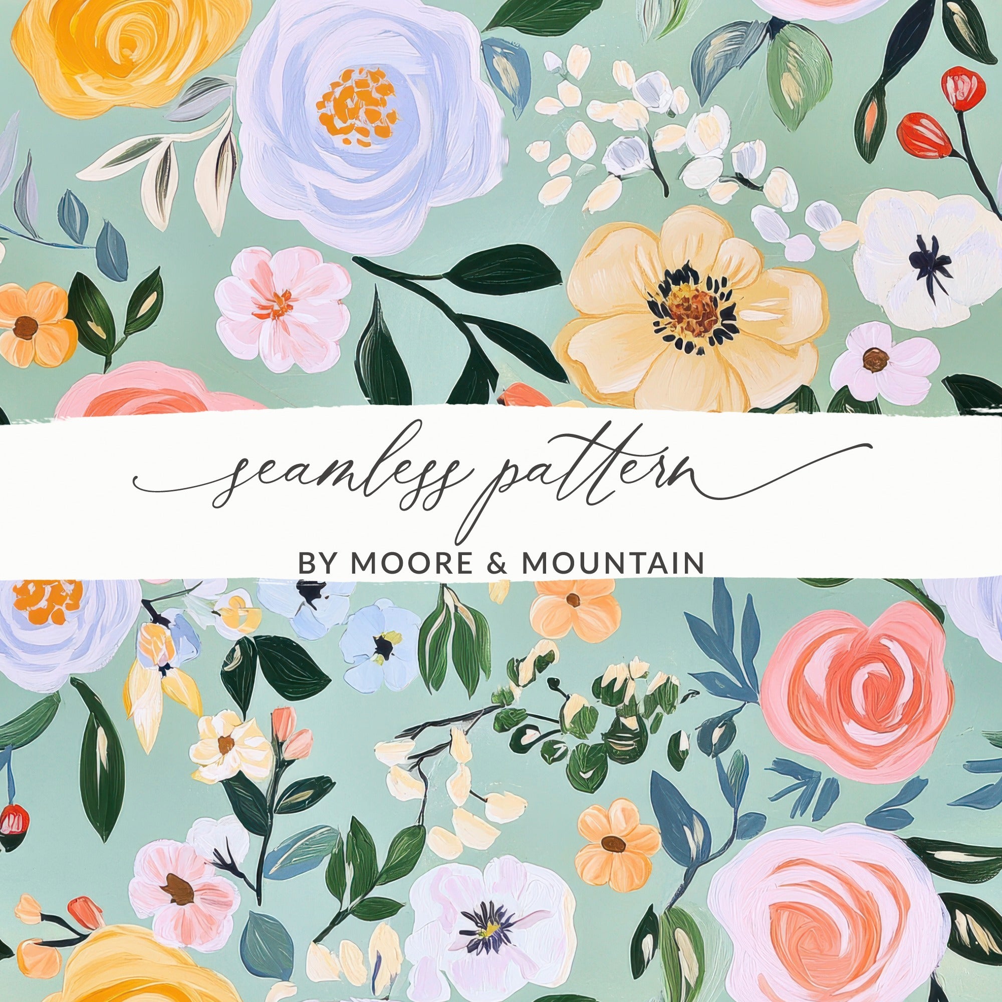 Modern Gouache Painted Mint Green Seamless Pattern, Fine Art Floral Digital Paper, Abstract Floral Print, Commercial Use
