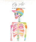 Watercolor skeleton with rainbow colors and a baseball cap.