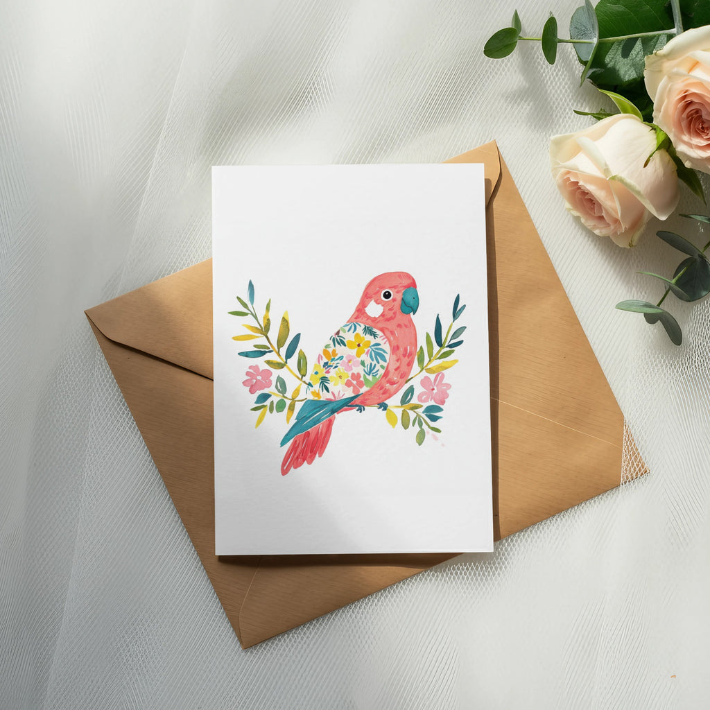 Pink parrot illustration with floral accents on a white card atop a brown envelope.