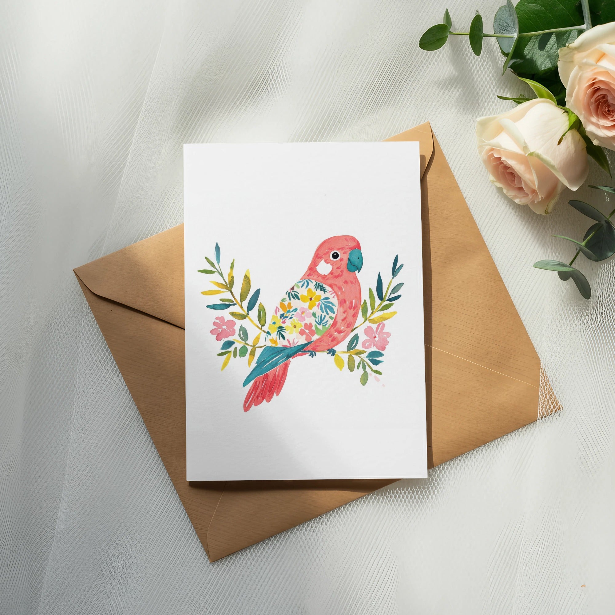 Pink parrot illustration with floral accents on a white card atop a brown envelope.