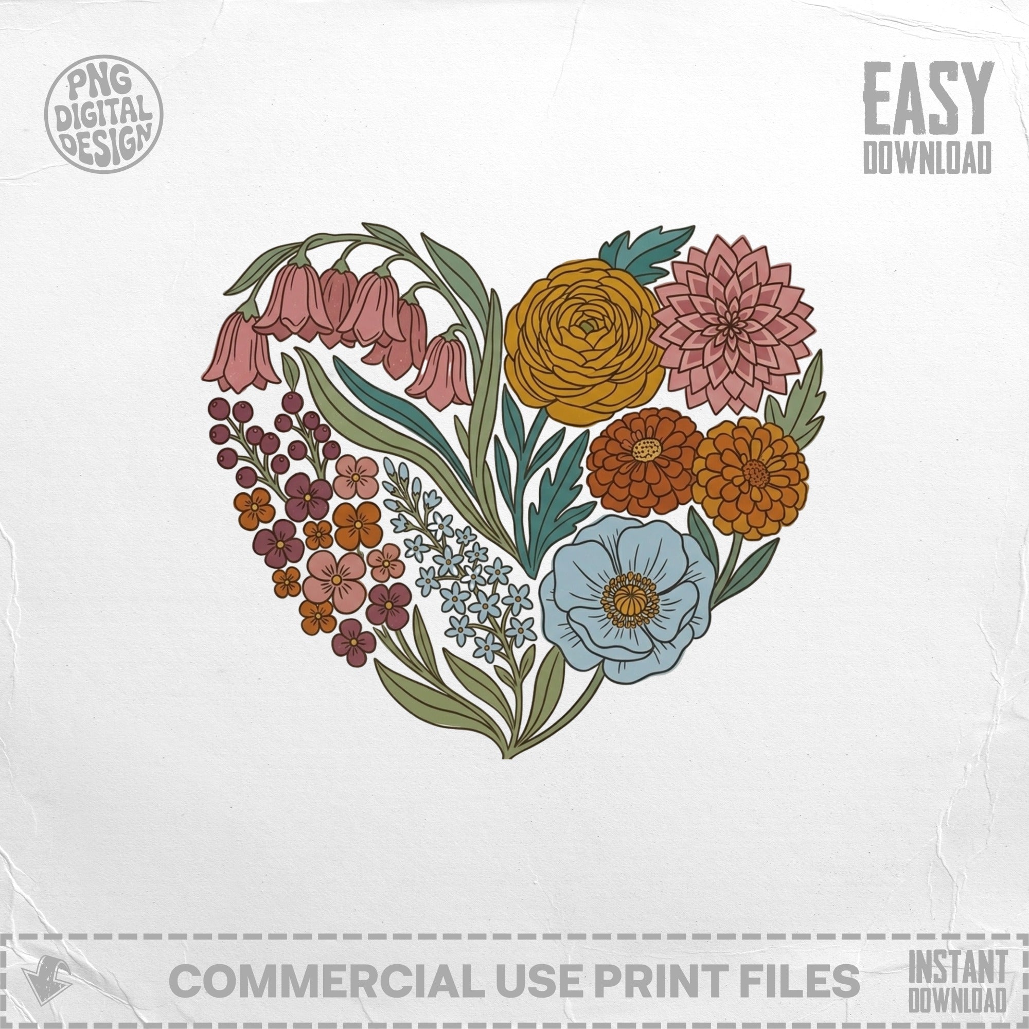 Heart-shaped floral illustration with various flowers in warm colors.