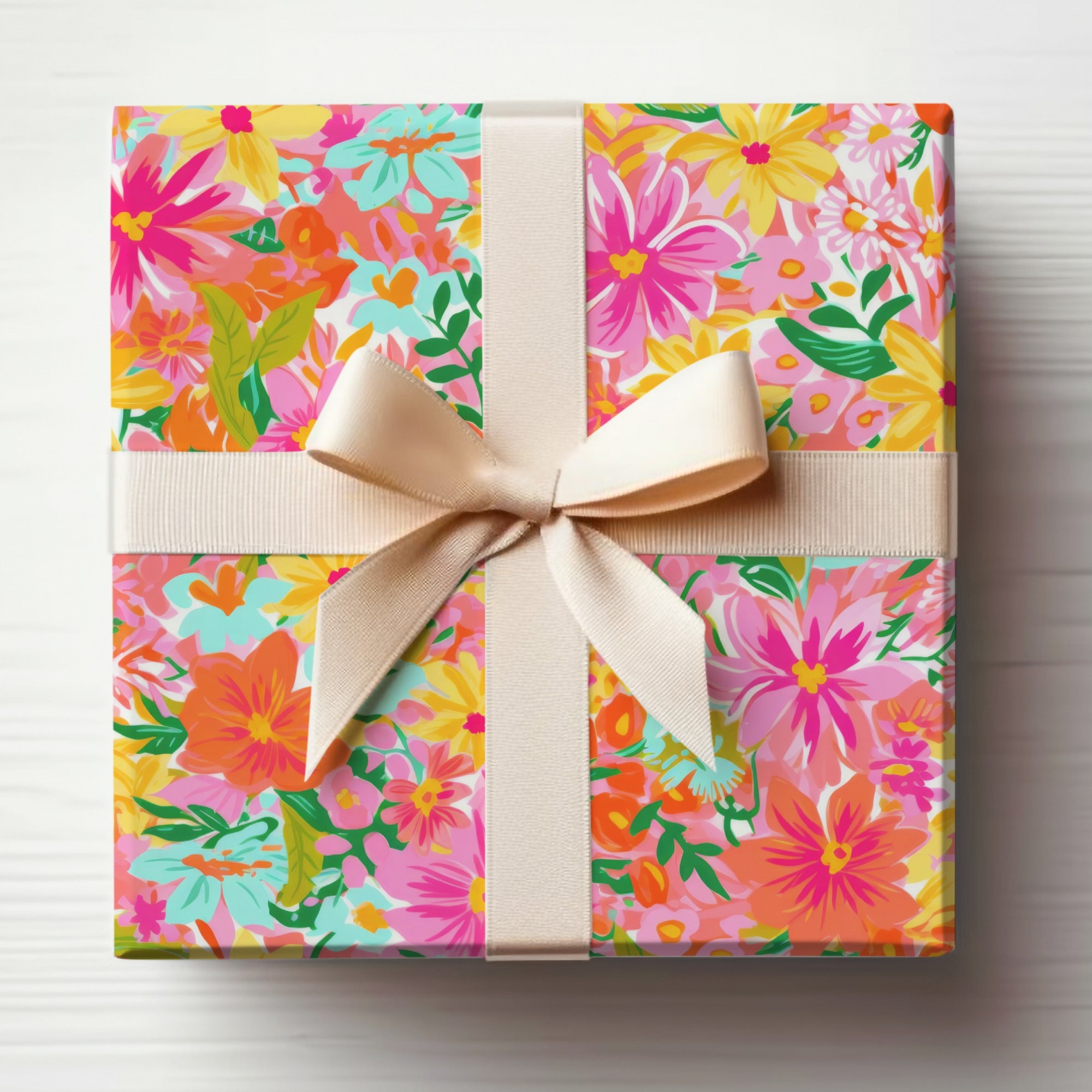 Colorful Floral Gift Wrap With Ivory Ribbon Design
