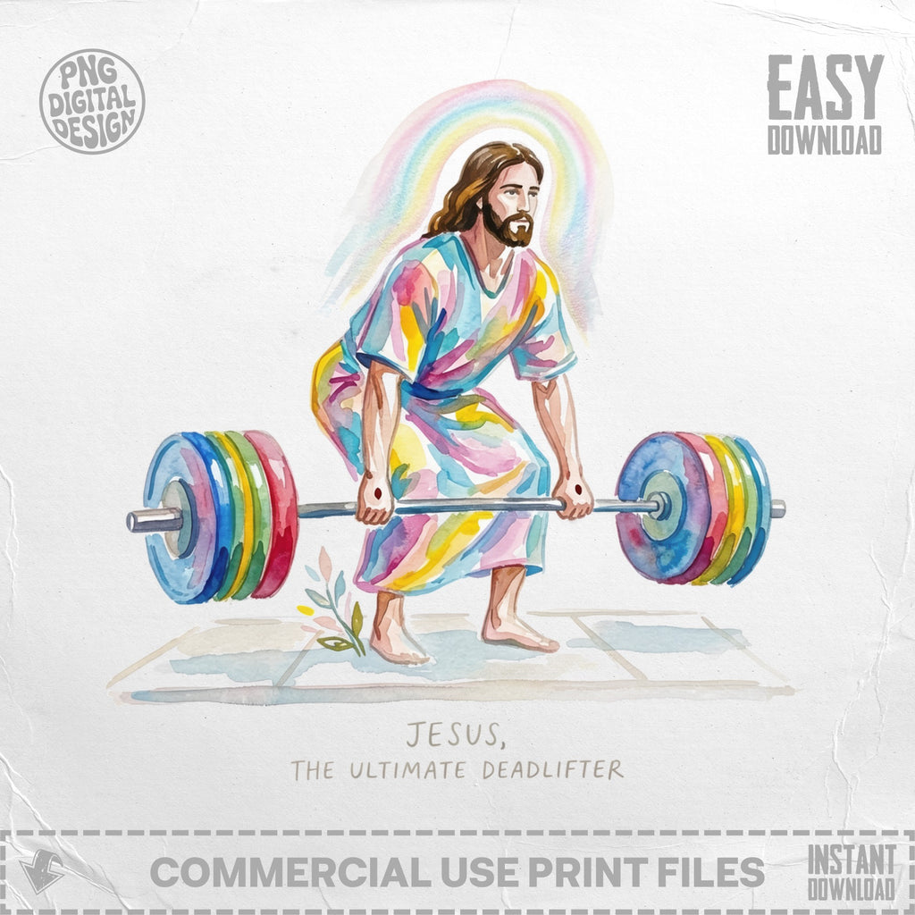 Jesus, the ultimate deadlifter, lifts a rainbow barbell.
