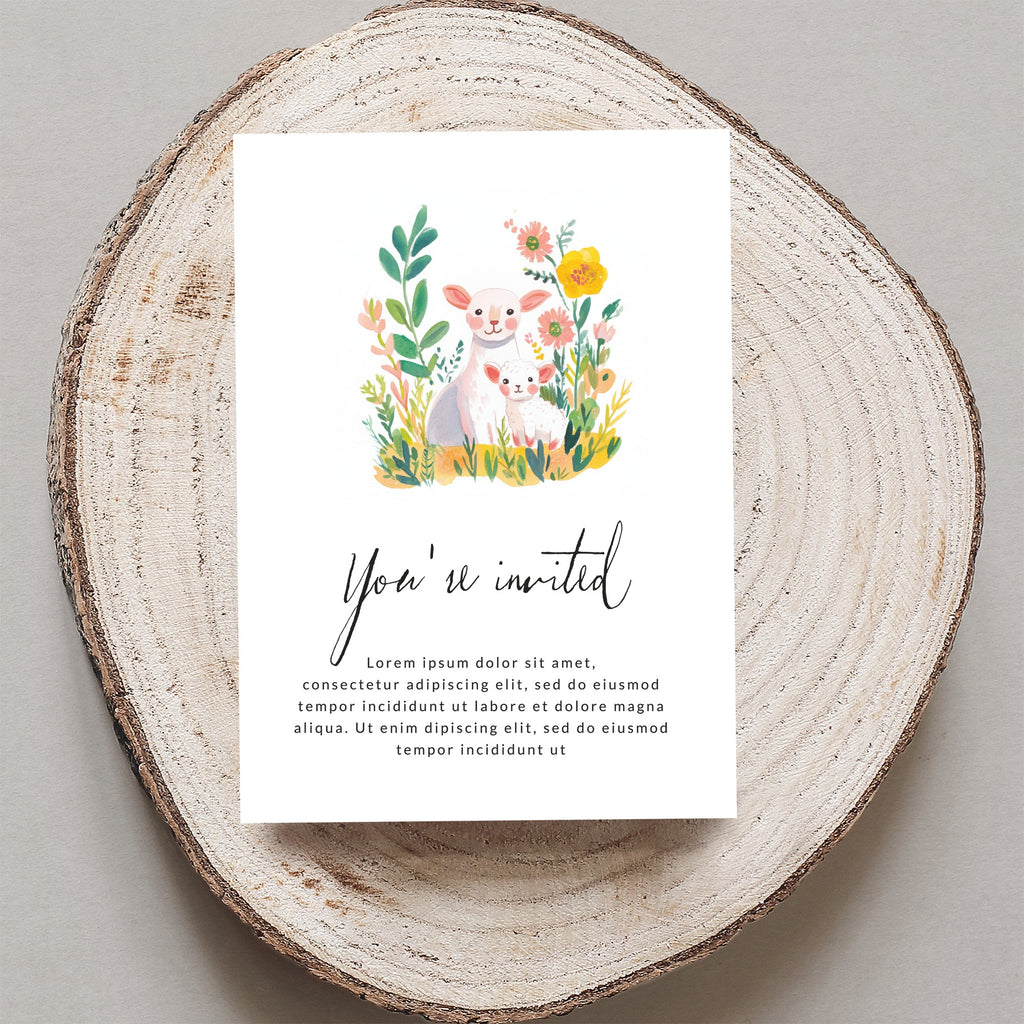 Invitation with lambs and flowers, text "You're invited" and placeholder text.