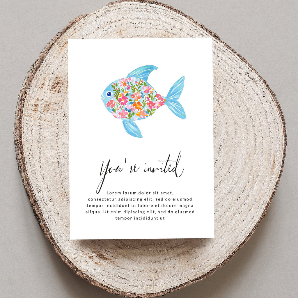 Watercolor invitation with floral fish and placeholder text.