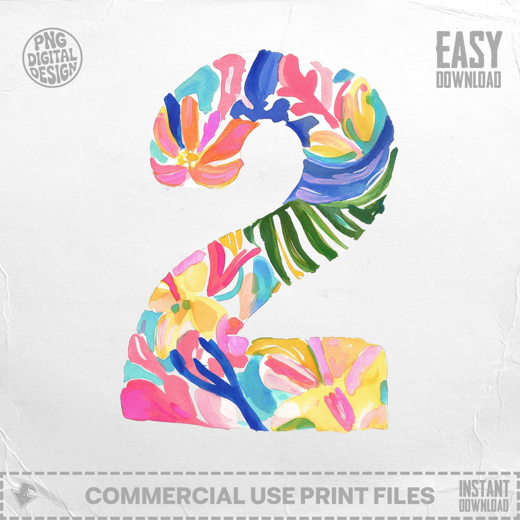 Number two illustrated with colorful floral watercolor strokes.