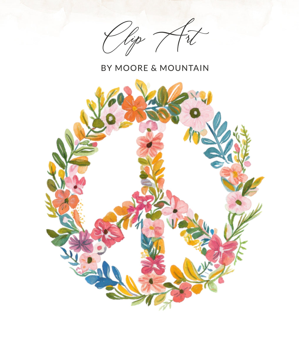 Floral peace sign with "Clip Art" and "BY MOORE & MOUNTAIN" text.