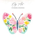 Watercolor butterfly with floral designs and "Clip Art by Moore & Mountain" text.