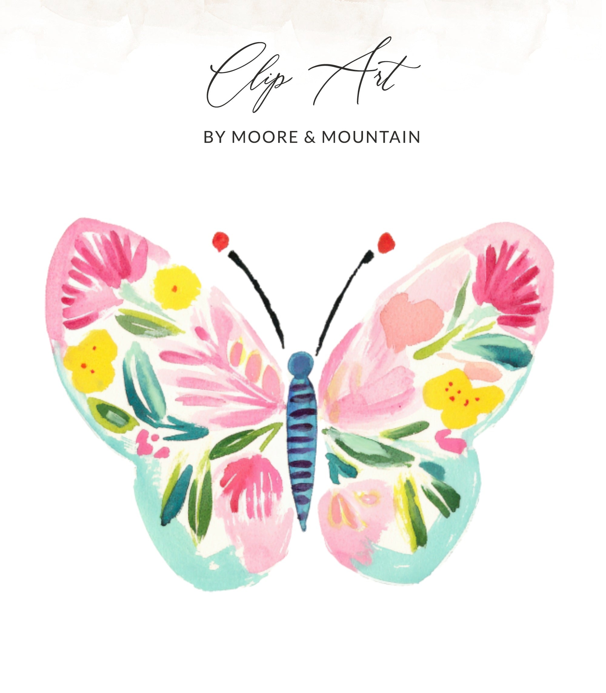 Watercolor butterfly with floral designs and "Clip Art by Moore & Mountain" text.