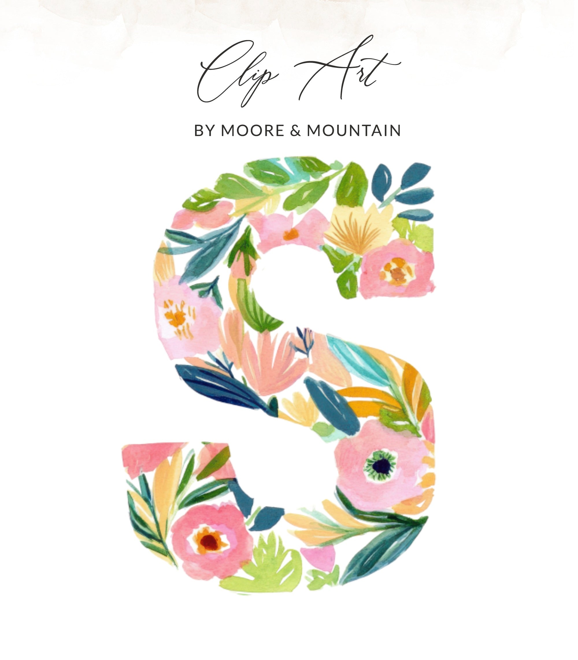 Floral letter S with "Clip Art" and "BY MOORE & MOUNTAIN" text.