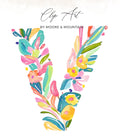 Watercolor floral letter V with text "Clip Art by Moore & Mountain".