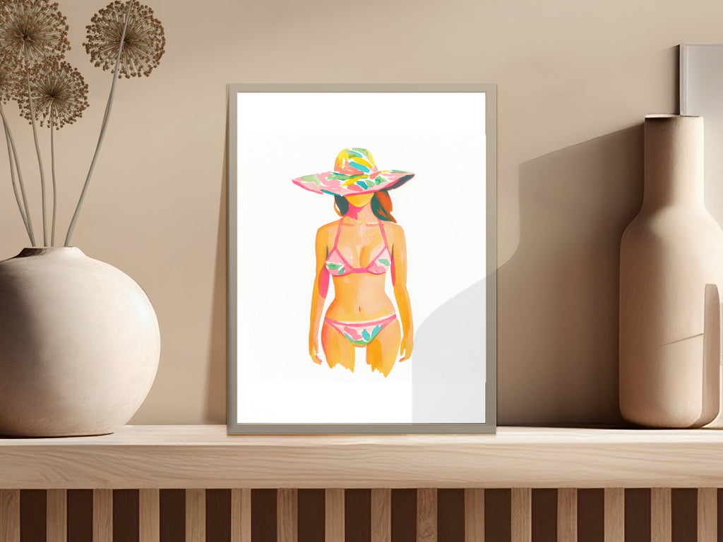 Woman in colorful striped bikini and wide-brimmed hat.