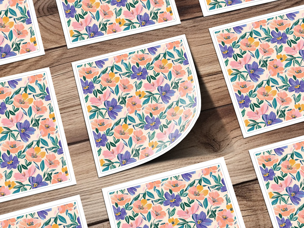 Floral pattern stickers with pink, purple, and coral flowers on wood grain background.