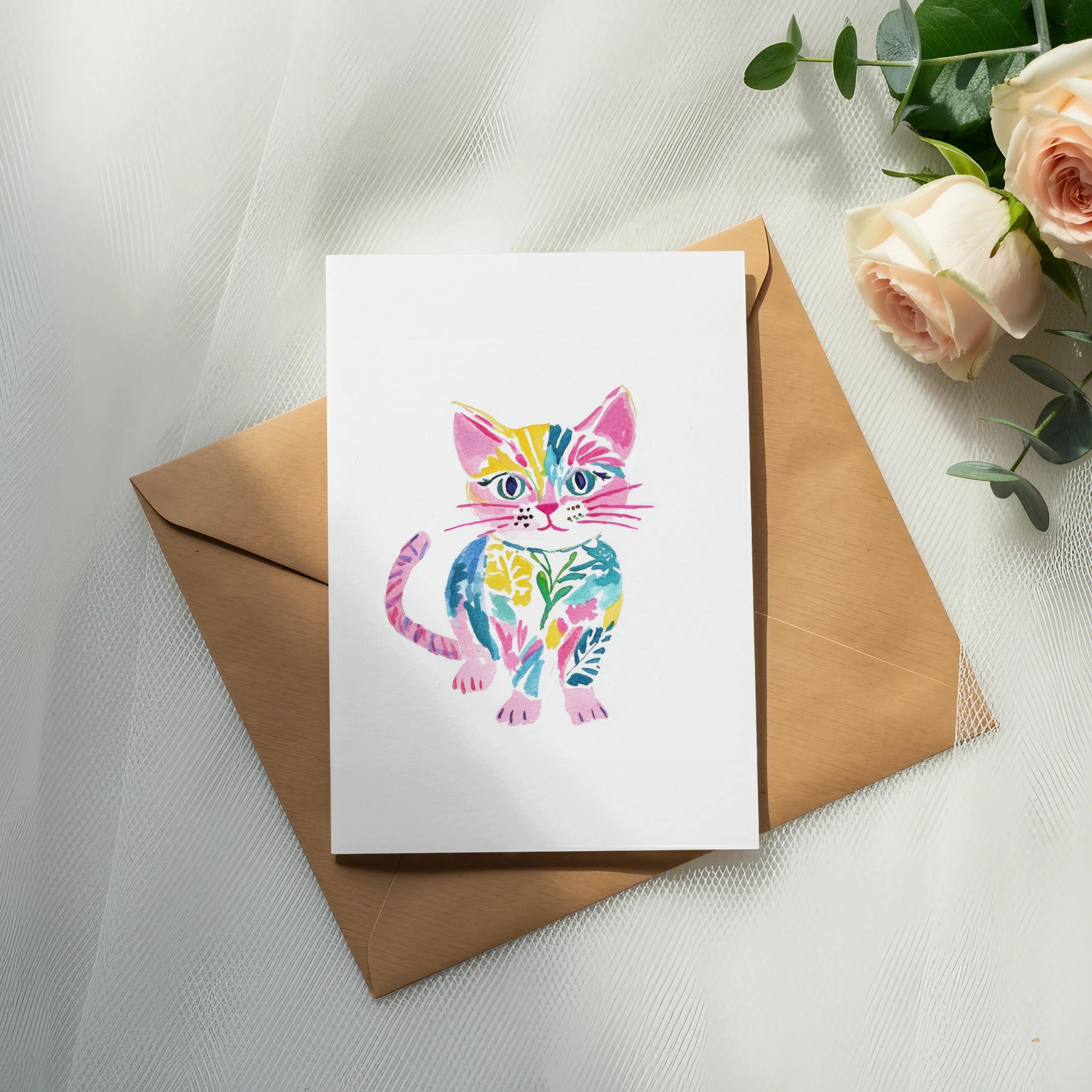 Colorful watercolor cat illustration on a white card, with a brown envelope and roses.