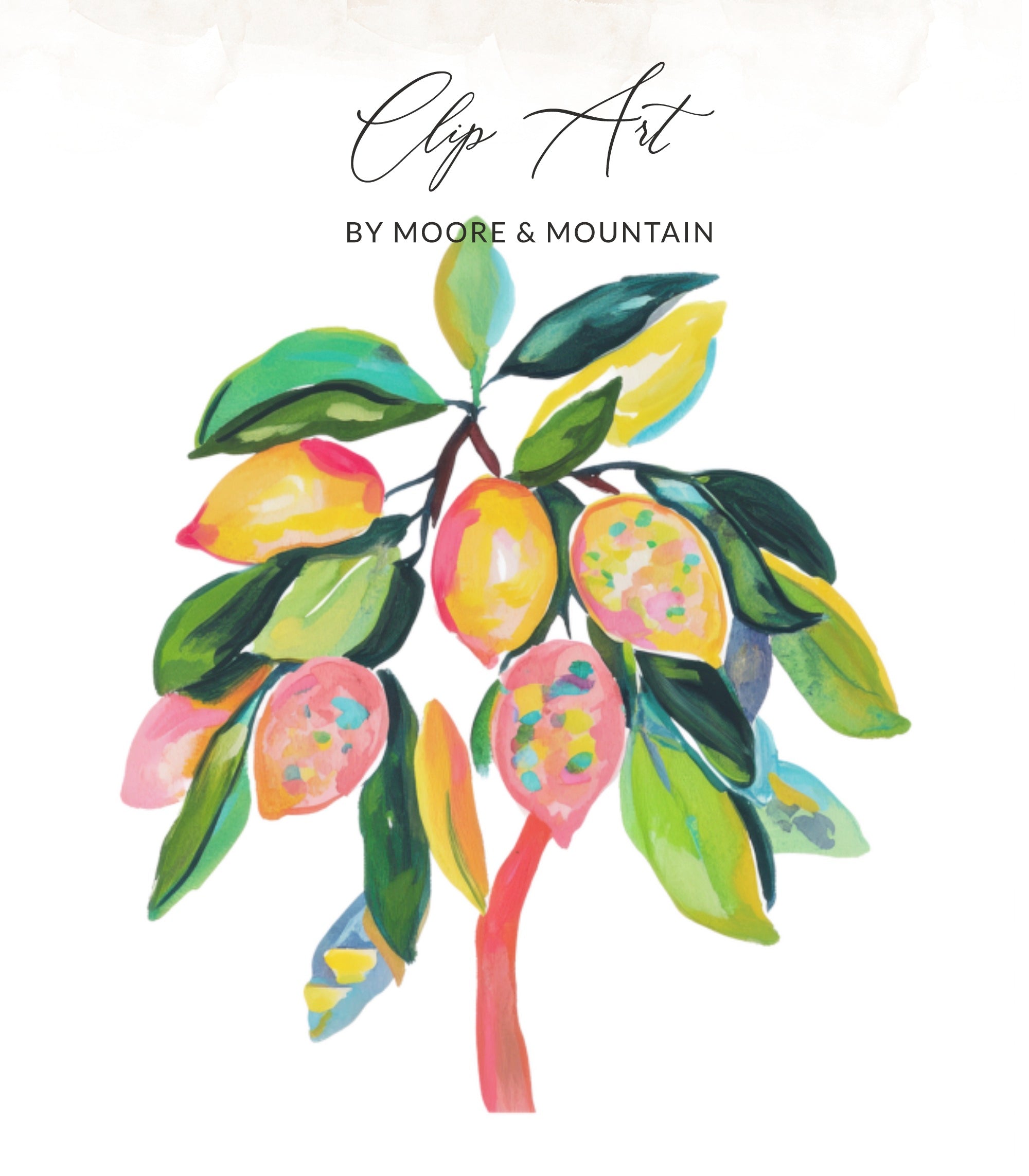 Illustration of a stylized lemon branch with watercolor lemons and leaves.