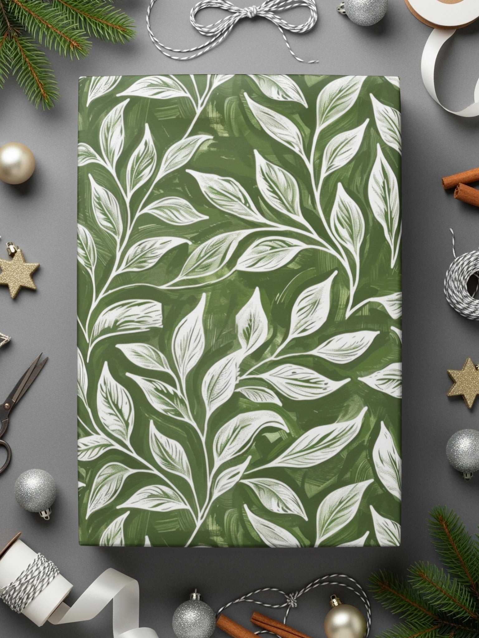 Festive Green and White Leaf Pattern Wrapping Paper