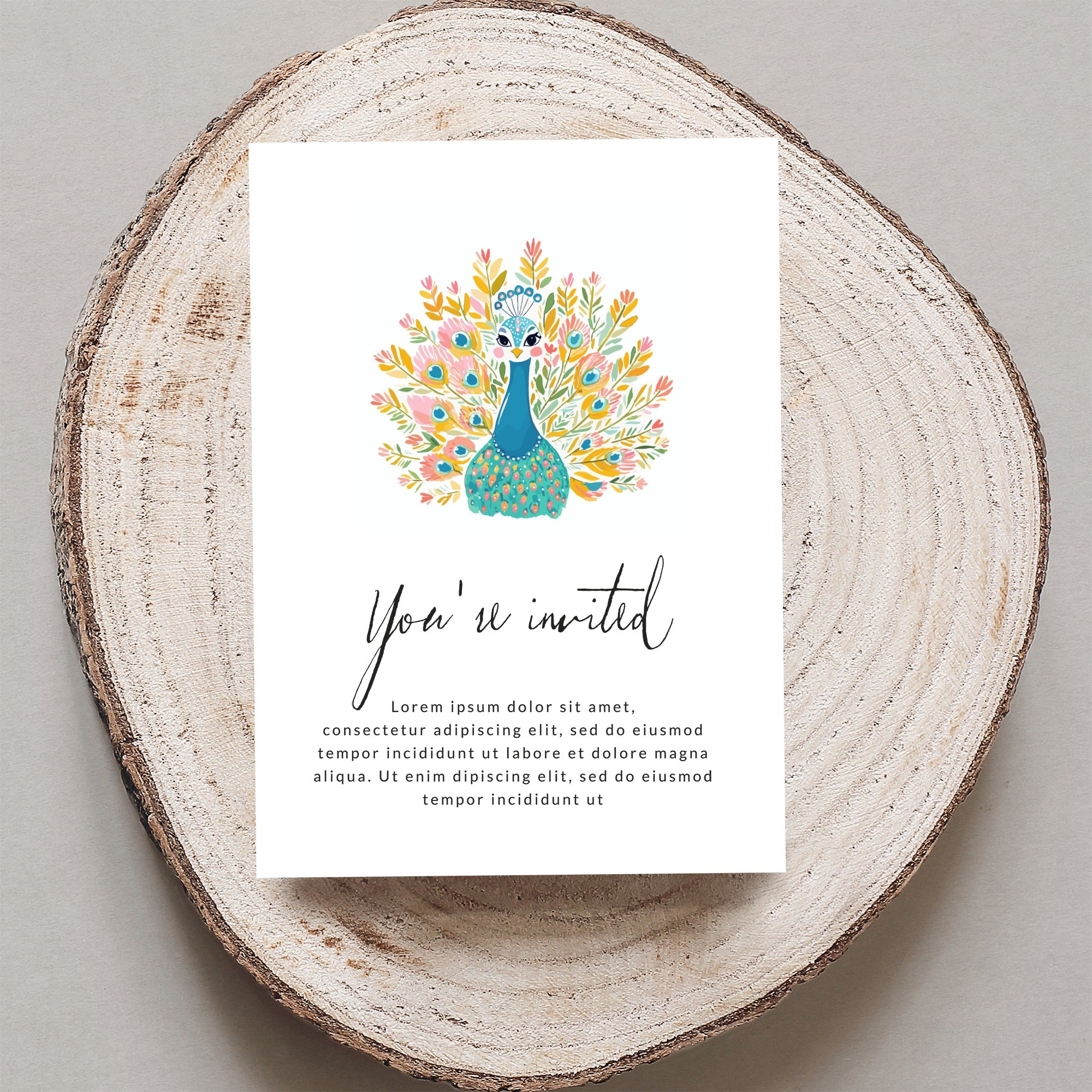Invitation with floral peacock design and "You're invited" text.