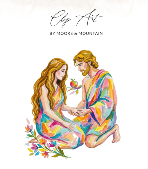 Adam and Eve kneeling, holding hands with an apple.