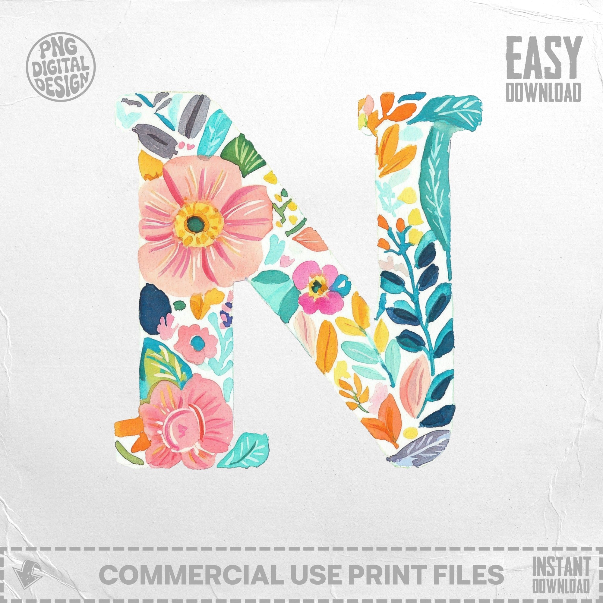 Letter N decorated with watercolor floral pattern.