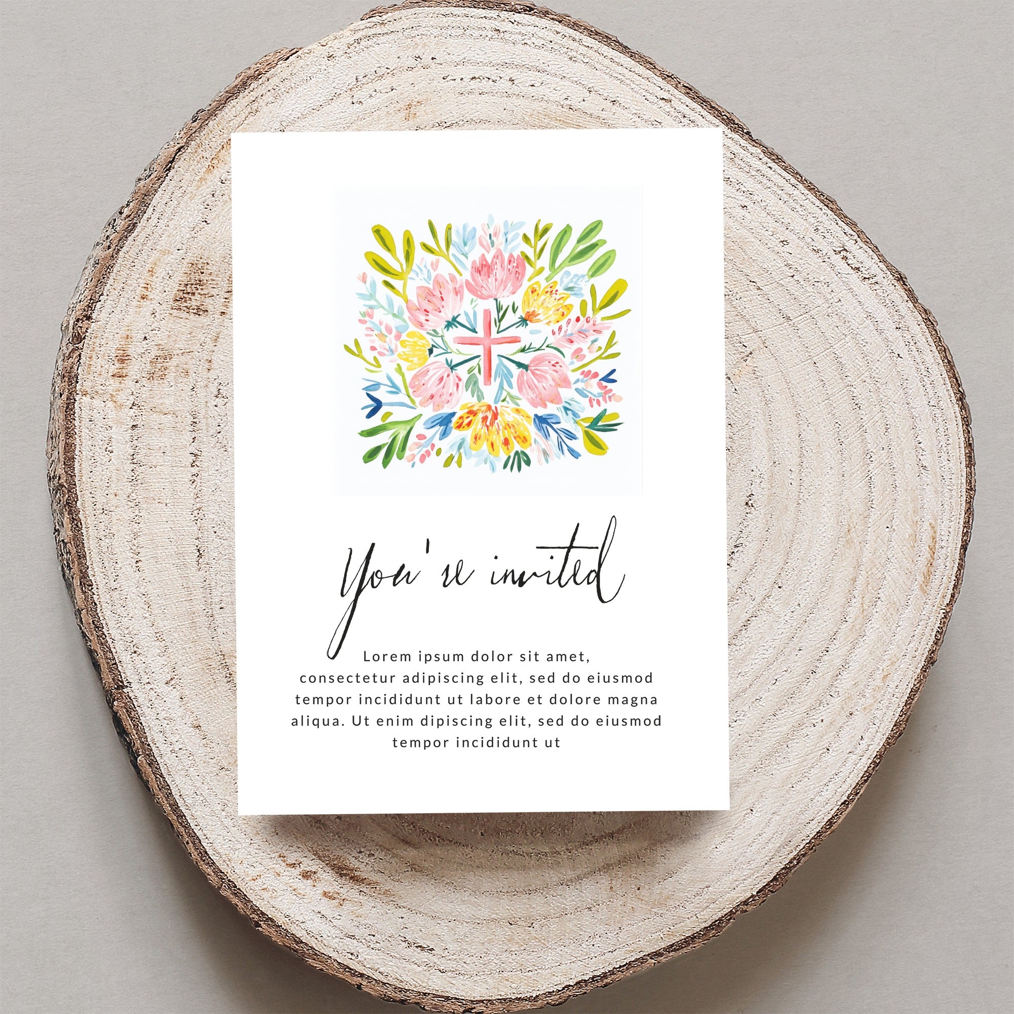 Invitation with floral art and "You're invited" text.