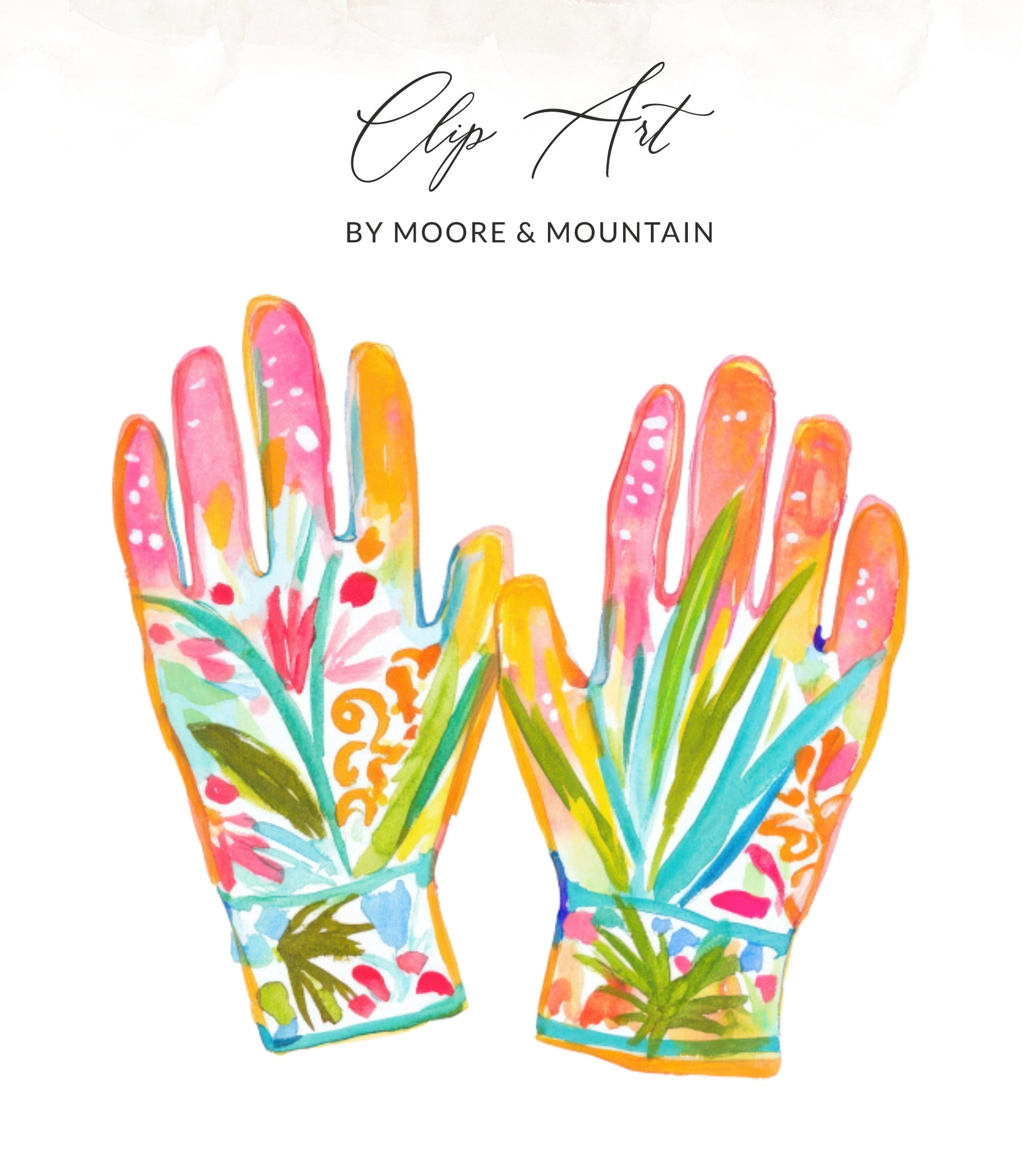 Watercolor painting of colorful floral gardening gloves.