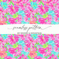 Seamless floral pattern with pink and teal flowers and text "seamle pattern BY MOORE & MOUNTAIN".