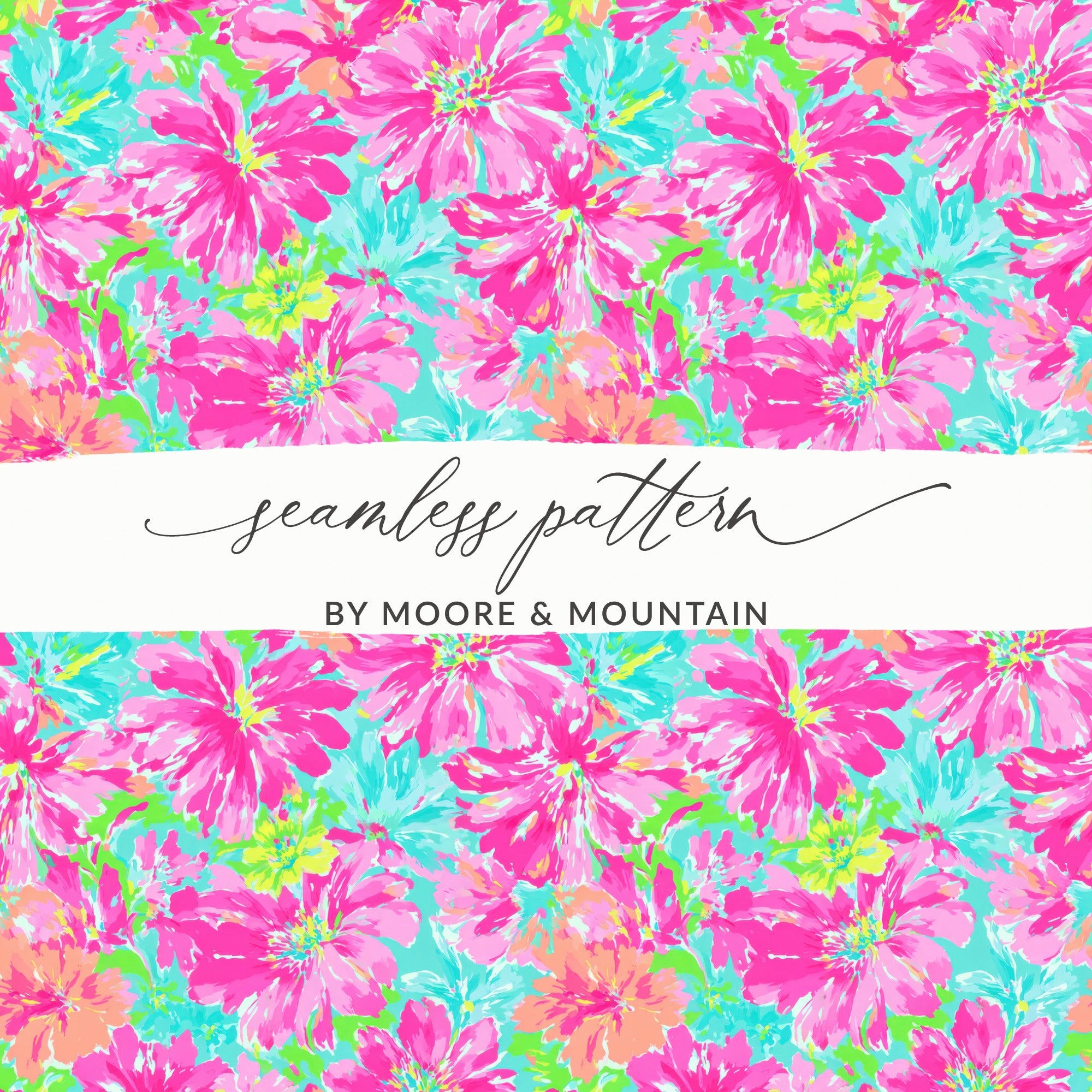 Seamless floral pattern with pink and teal flowers and text "seamle pattern BY MOORE & MOUNTAIN".