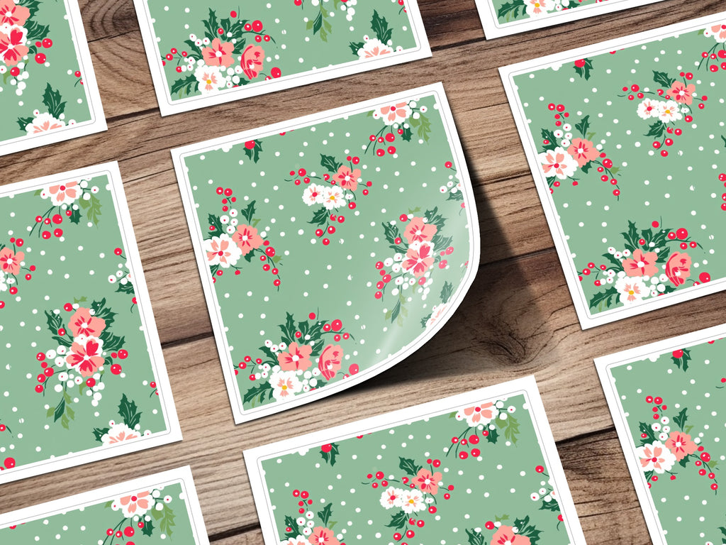 Festive Floral and Berry Print Green Background Cards