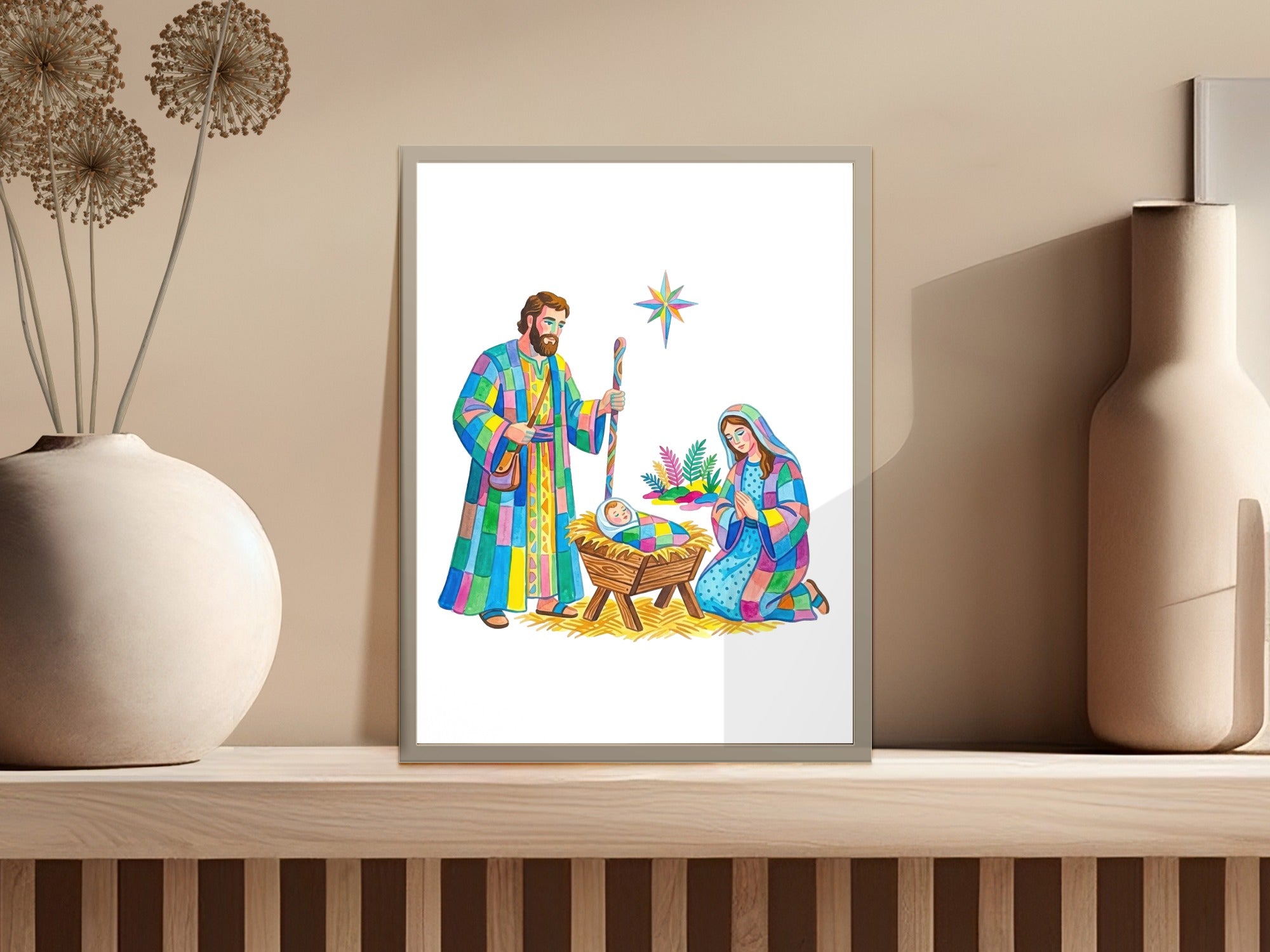 Nativity scene with Mary, Joseph, and baby Jesus in a manger.