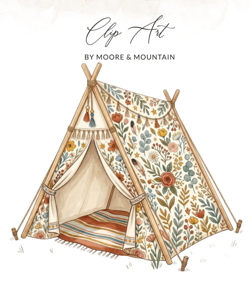Floral teepee with striped rug and tassels, "Clip Art" text above.
