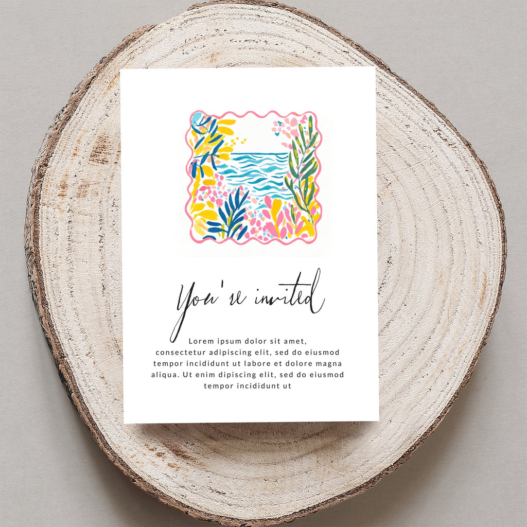 Invitation with floral border, reads "You're invited" and placeholder text.