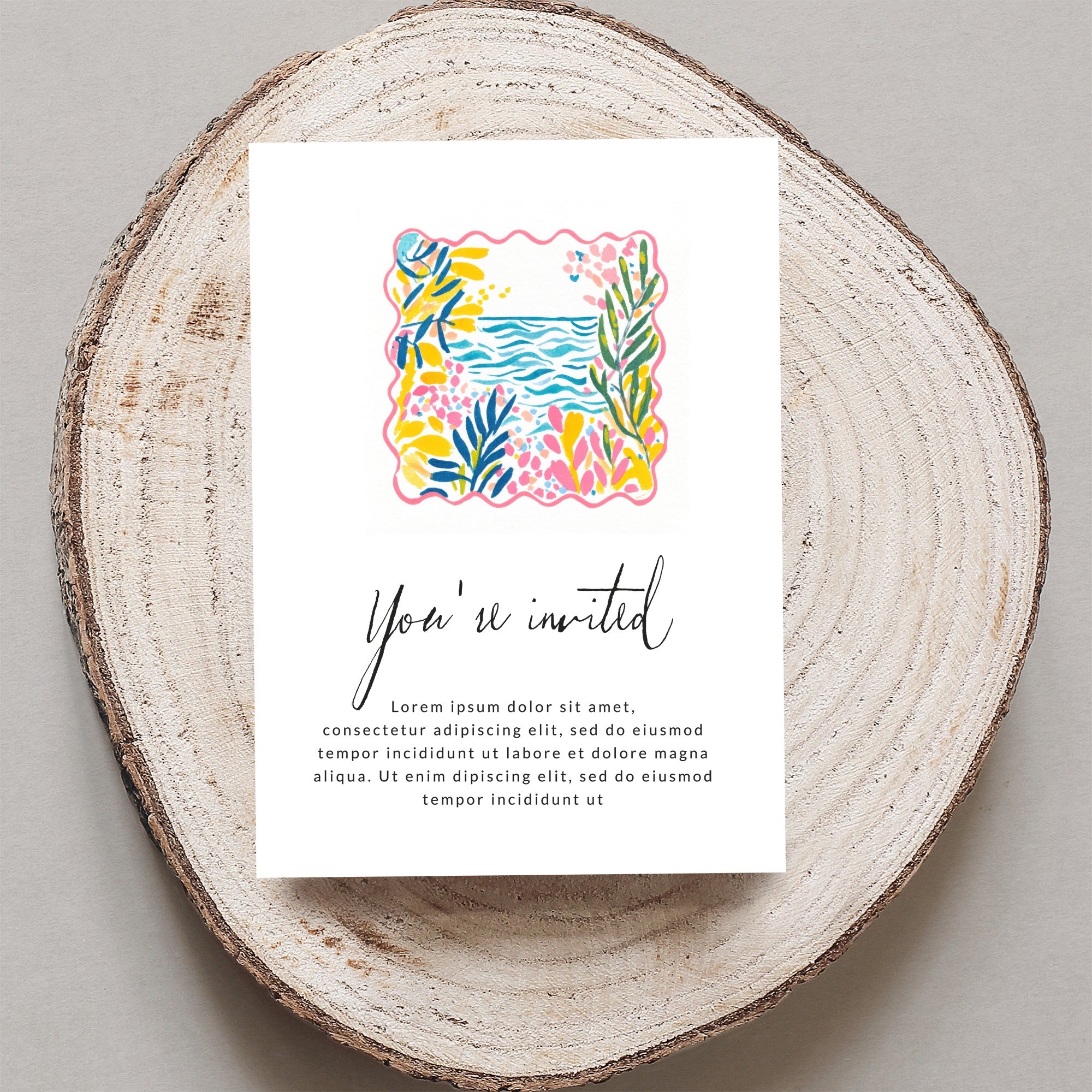 Invitation with floral border, reads "You're invited" and placeholder text.