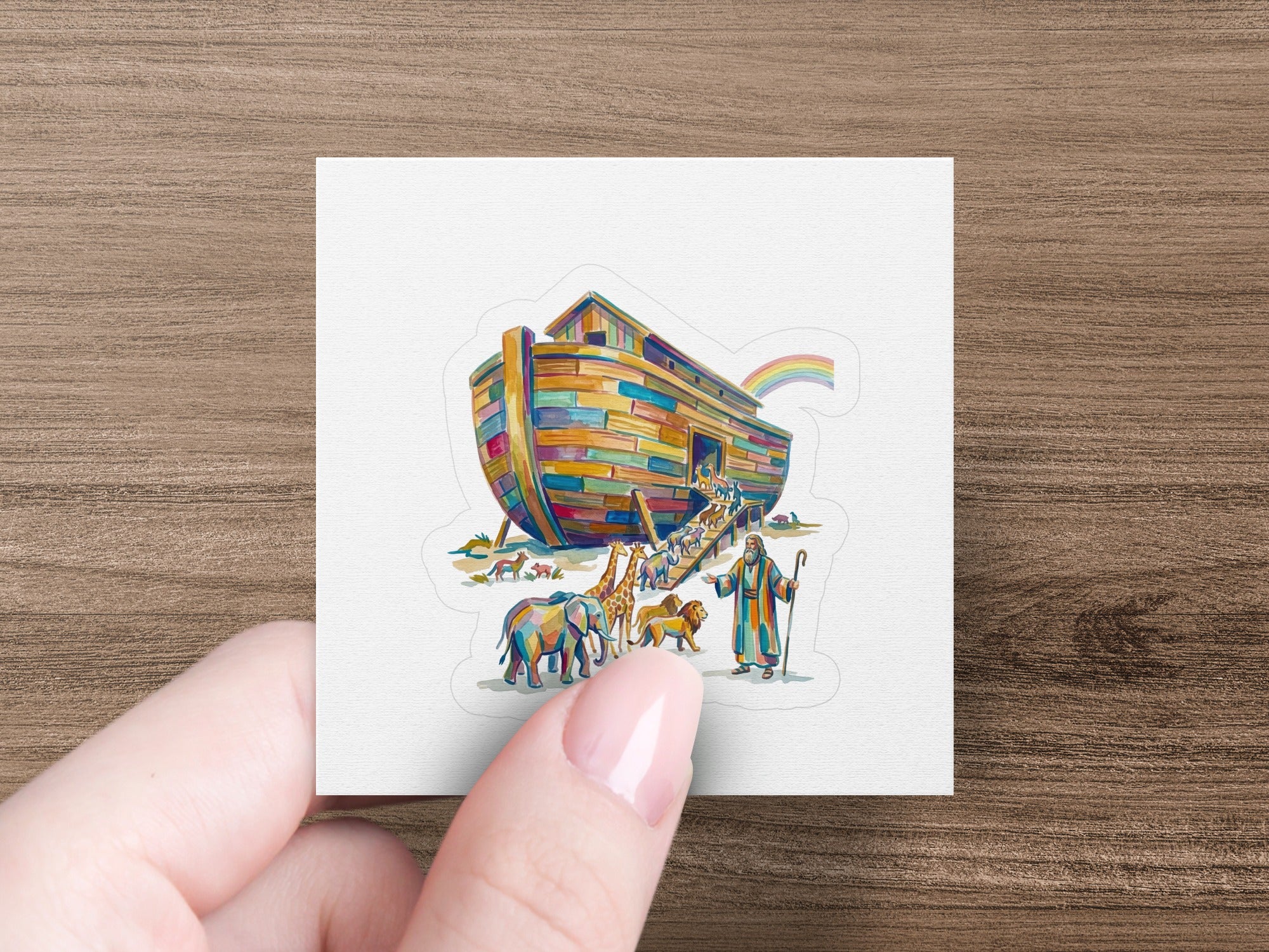 Noah's Ark with animals entering, rainbow visible above.