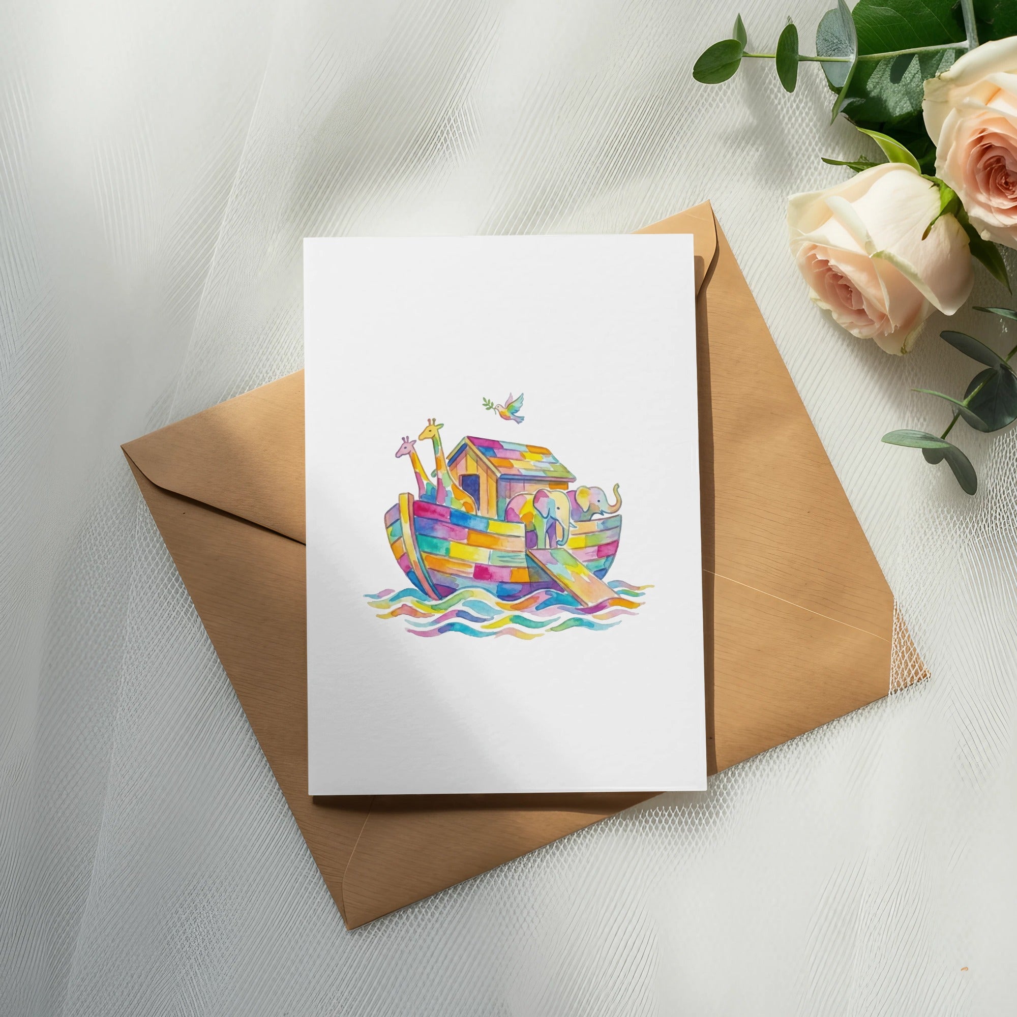 Watercolor illustration of Noah's Ark with colorful animals on a brown envelope.