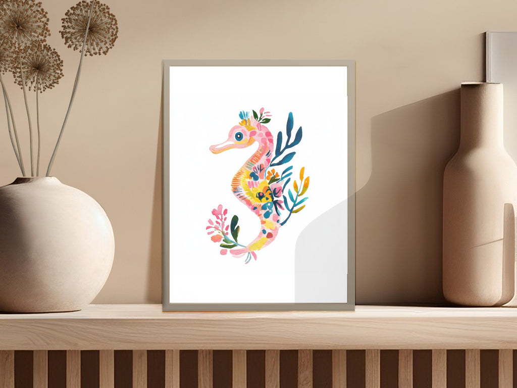 Watercolor illustration of a colorful seahorse with floral accents on a light background.