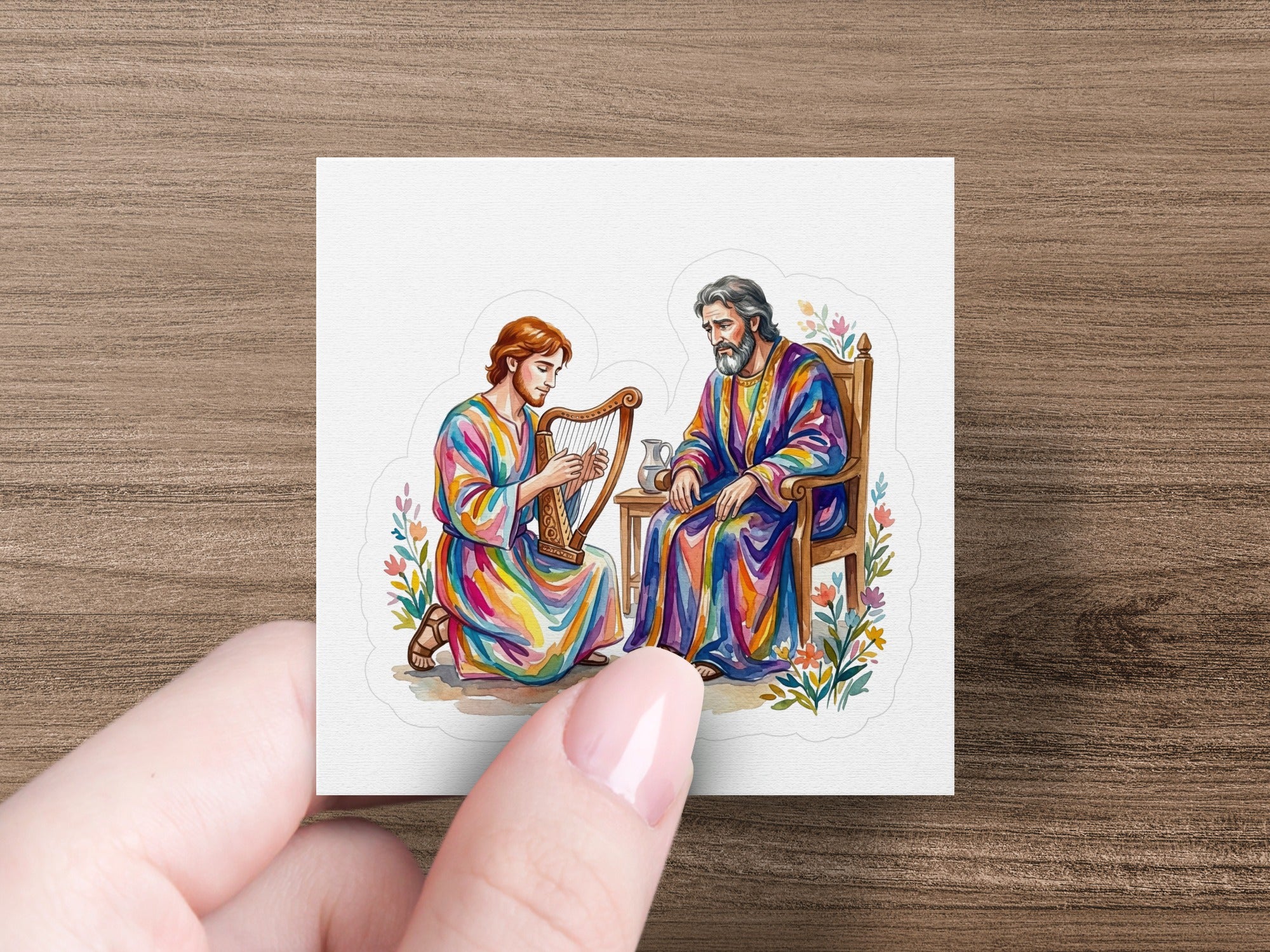 Man playing harp for seated man in colorful robes with floral accents.
