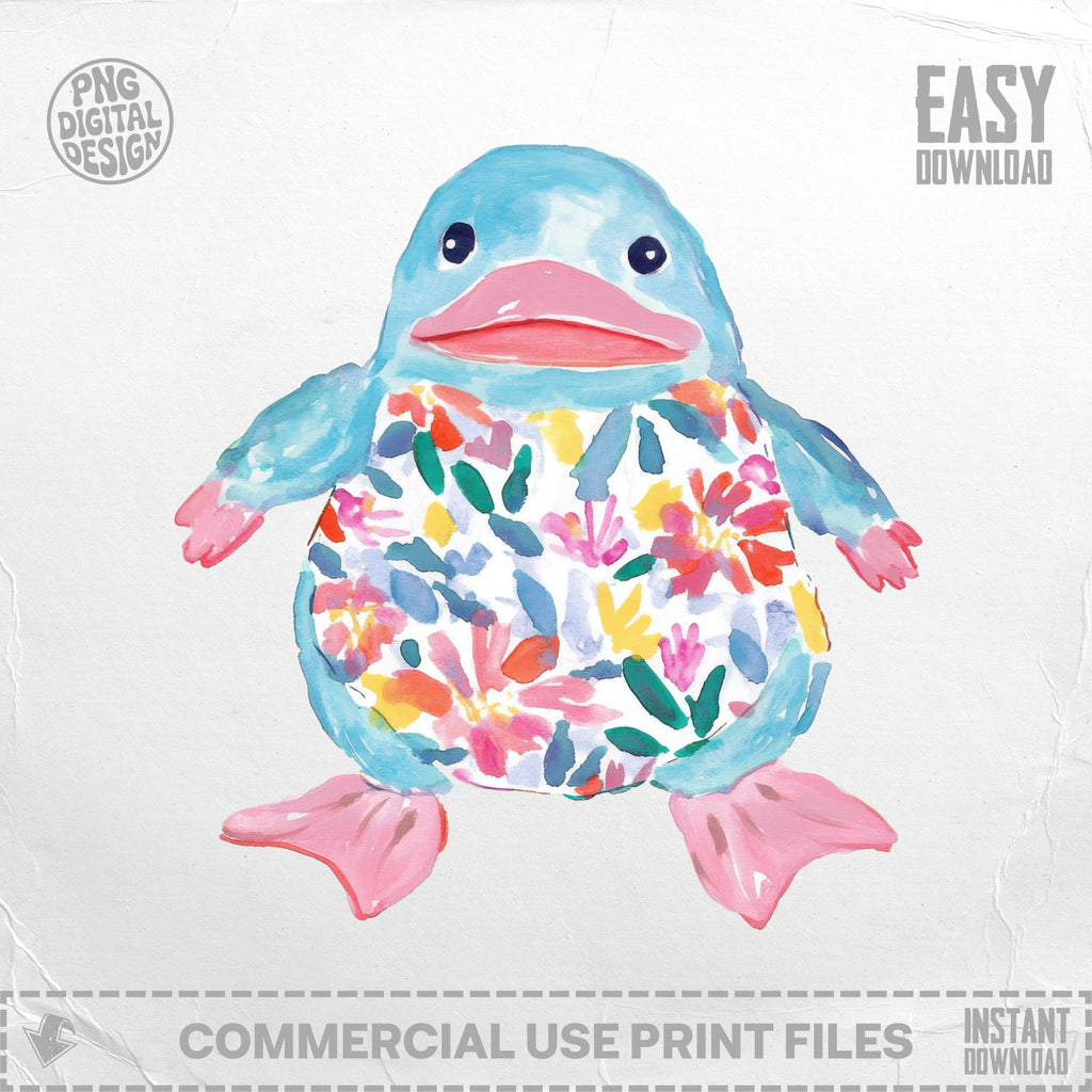 Blue cartoon penguin with floral pattern and pink feet and beak.